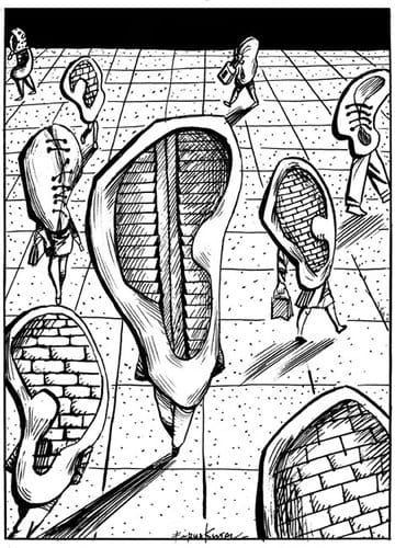 Karikatur von Ohren mit Beinen